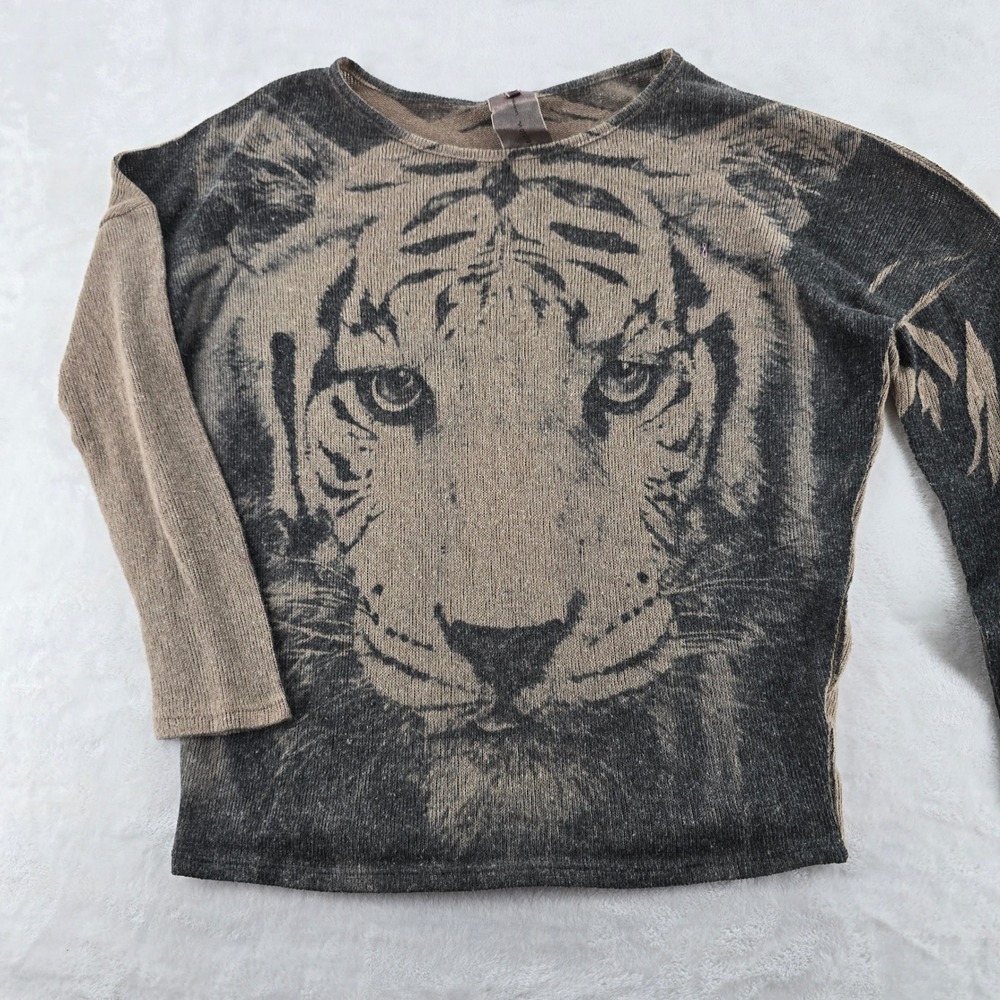 Moon Collection Sweater Womens XL Tiger Graphic Knit Brown Gray Long Sleeve Top